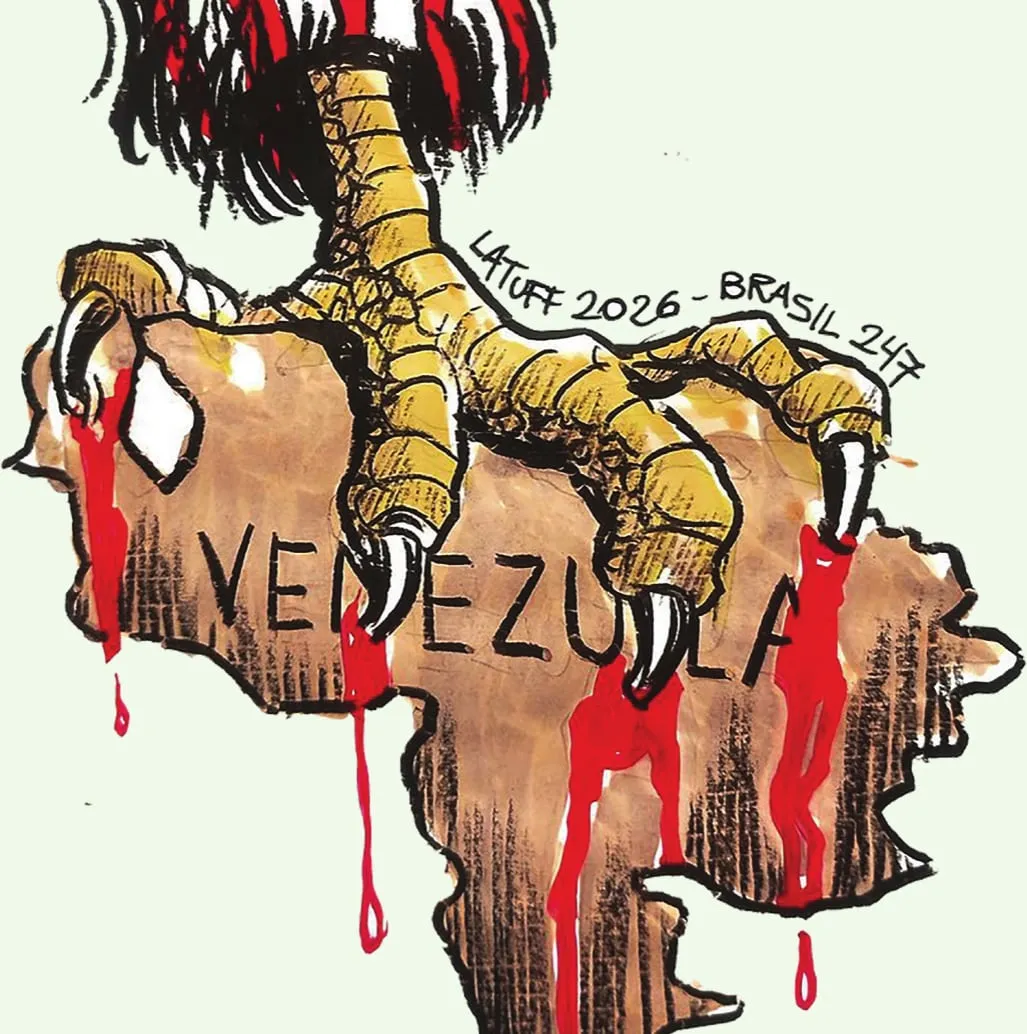 Venezuela haritasının üzerine pençesini geçirmiş, tırnaklarından kan damlayan bir kuş pençesinin çizimi.