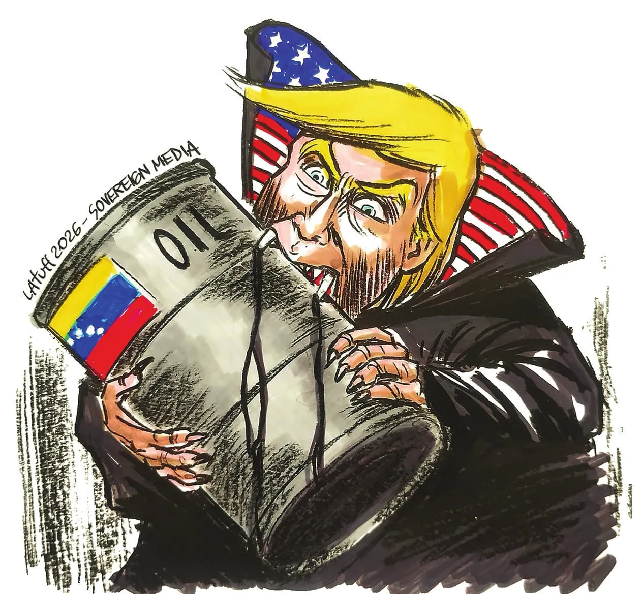 Trump karikatürü: Venezuela bayraklı bir petrol varilini kucaklayıp içinden akan petrolü içiyor.
